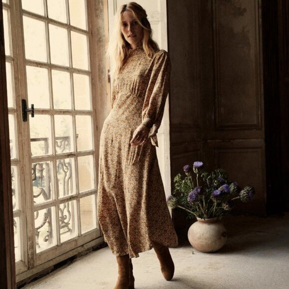 Doen Alda Dress in Lady Emma Floral Printed Long Sleeve Pleated Silk M - Picture 3 of 4